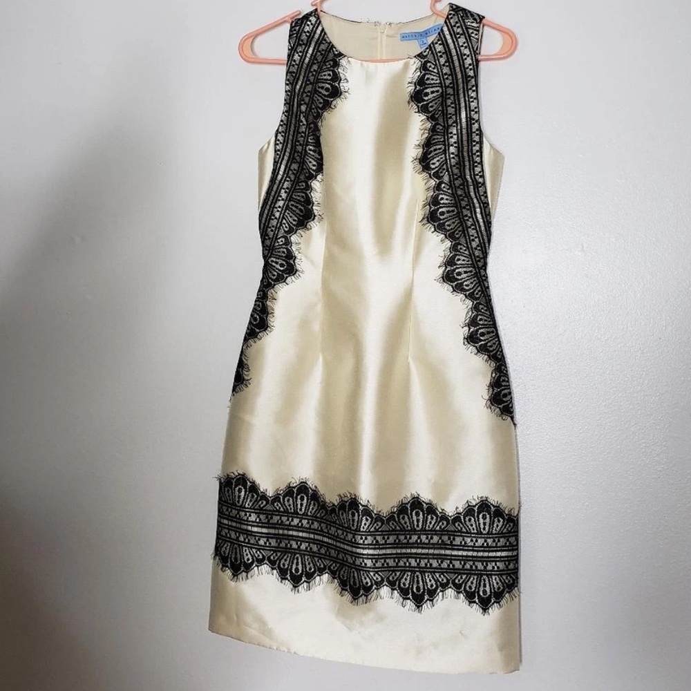 Antonio Melani Champagne Black Lace Dress Victorian Satiny Shimmer Celeb - Picture 2 of 4